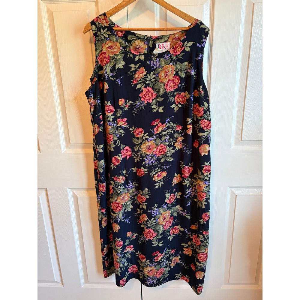 1990s R&K Original Woman Navy Blue Floral Sleeveless Midi Sheath Dress Plus Size
